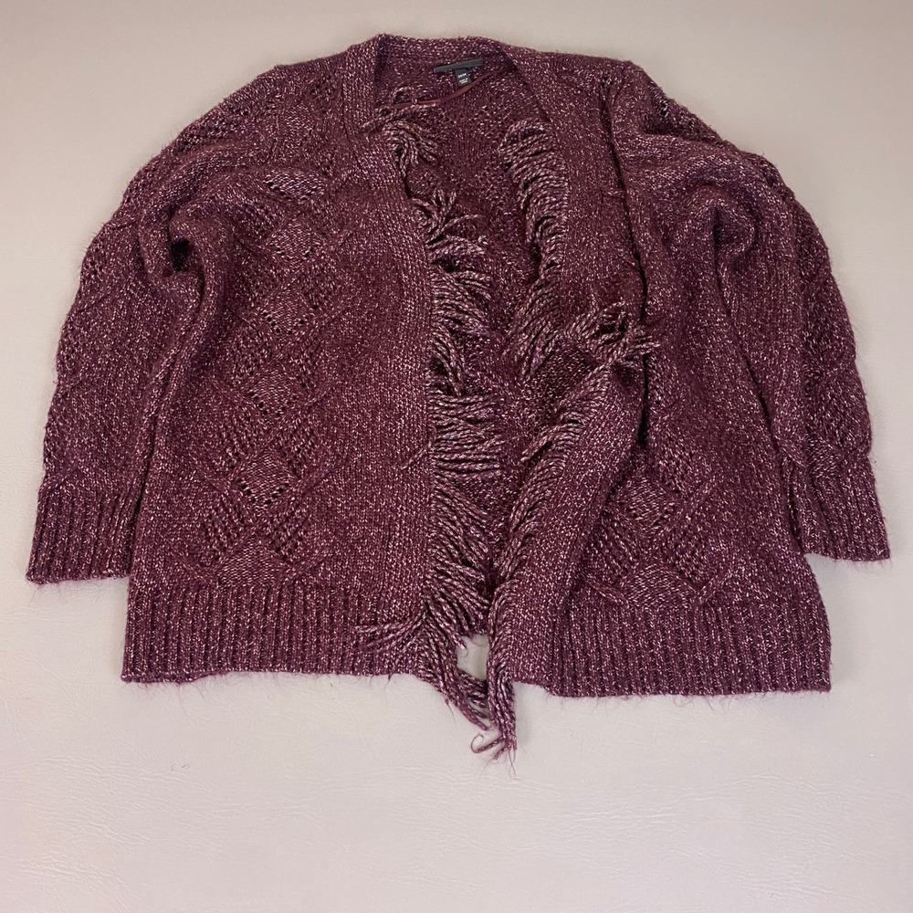 Lane Bryant Cardigan Size 22/24 Burgundy Purple Metallic Fringe Open Sweater